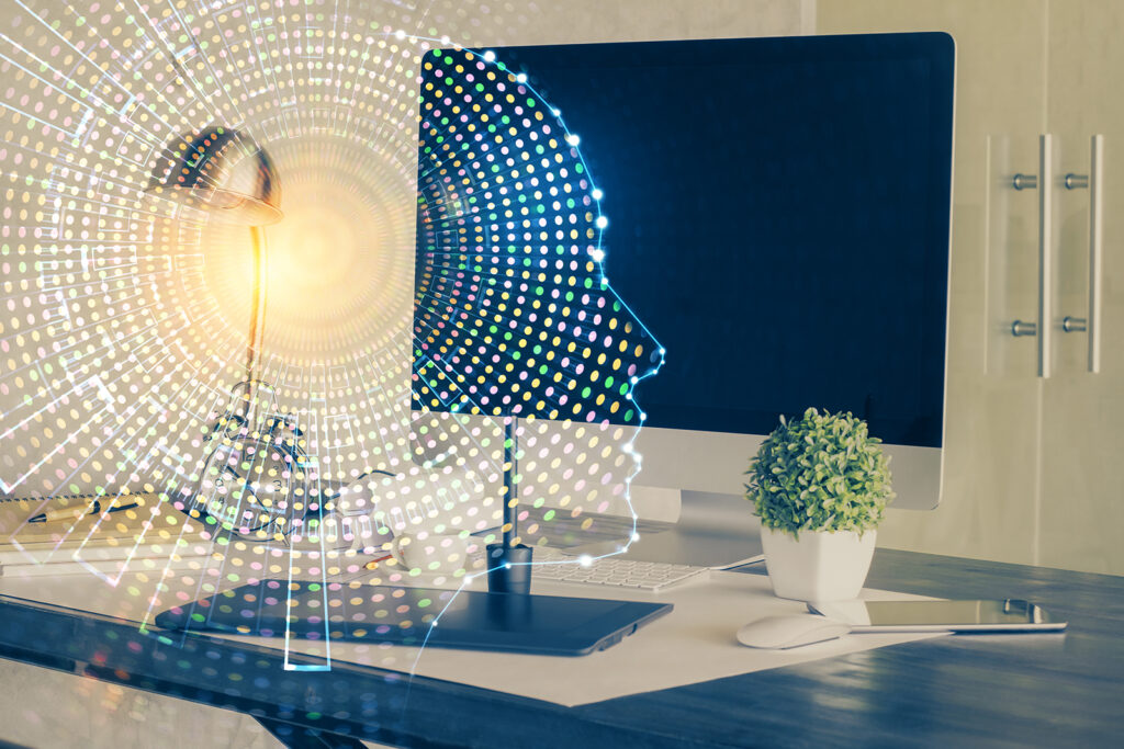 Multi Exposure Of Work Table With Computer And Brain Hologram. Brainstorm Concept.