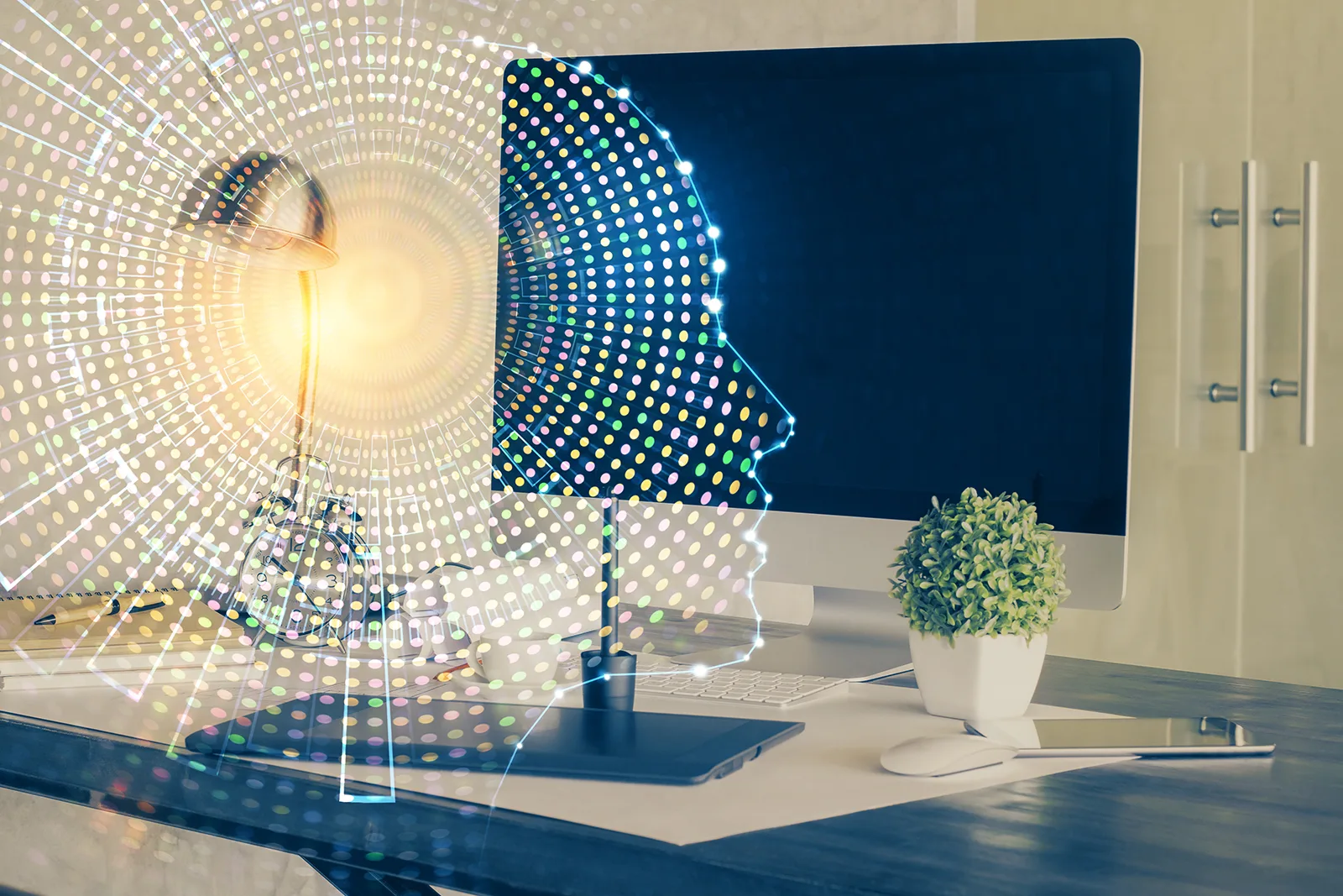 Multi Exposure Of Work Table With Computer And Brain Hologram. Brainstorm Concept.