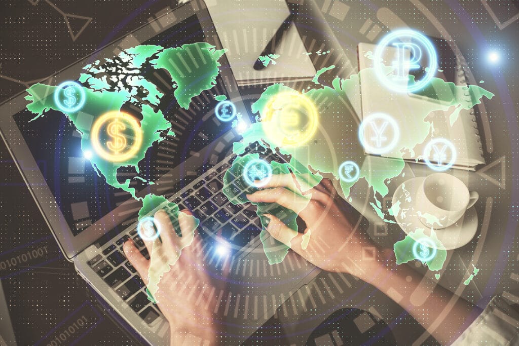 Double Exposure Of Woman Hands Typing On Computer And Forex Chart Hologram Drawing. Stock Market Invest Concept.