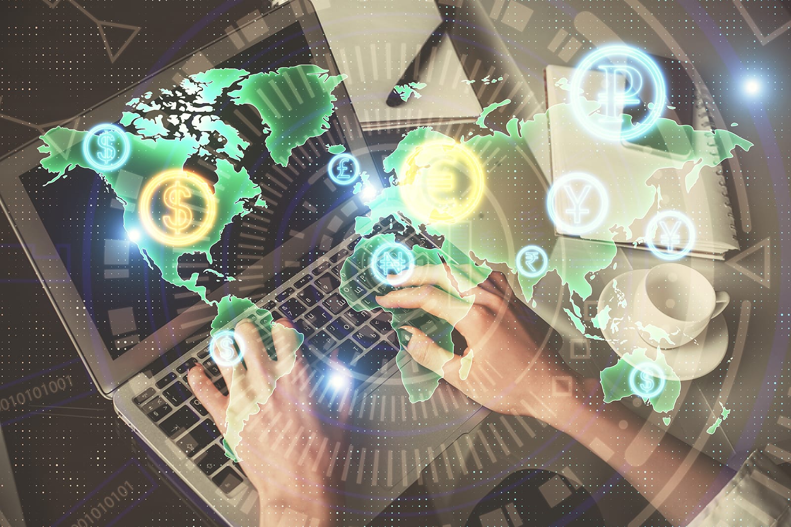 Double Exposure Of Woman Hands Typing On Computer And Forex Chart Hologram Drawing. Stock Market Invest Concept.