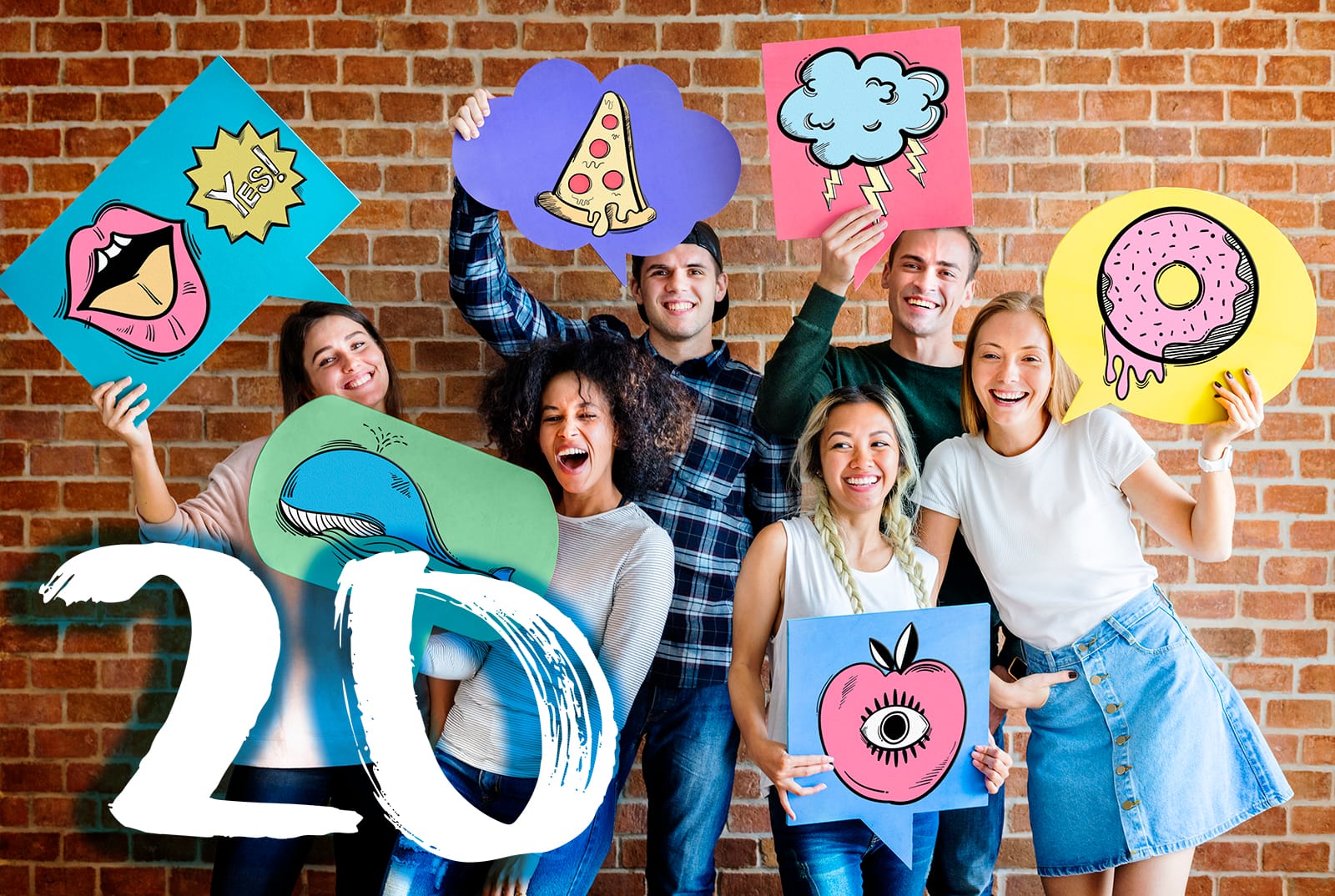 Happy Young Adults Holding Thought Bubbles With Pop Art Fashion