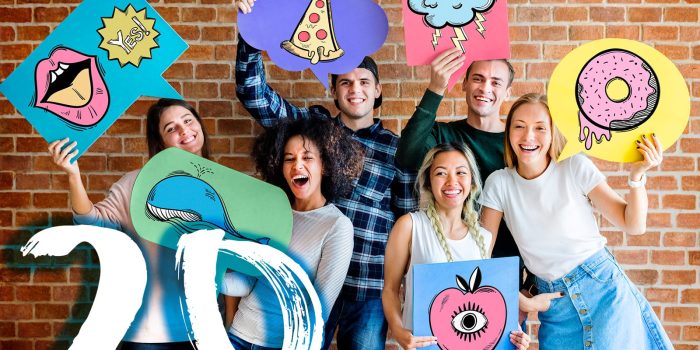 Happy Young Adults Holding Thought Bubbles With Pop Art Fashion