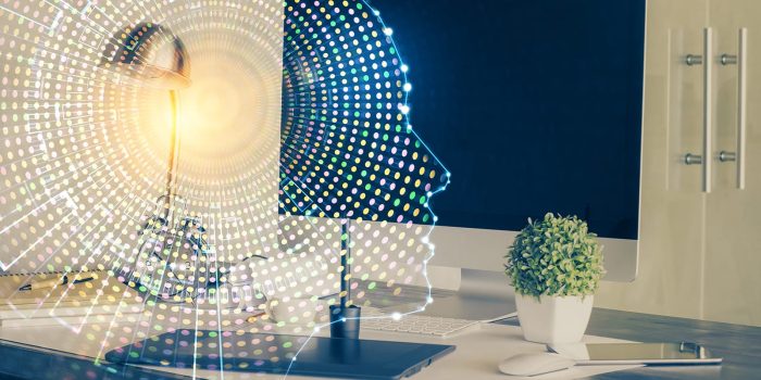 Multi Exposure Of Work Table With Computer And Brain Hologram. Brainstorm Concept.